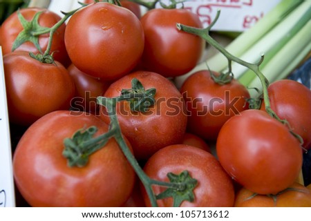 Freshly grown tomatoes in the food market.