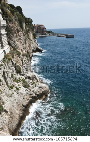 The sea beside the rocky coastline of the Mediterranean Sea.