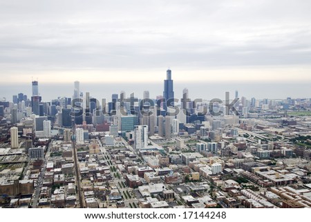 Wide angle photo of Chicago\'s downtown from above