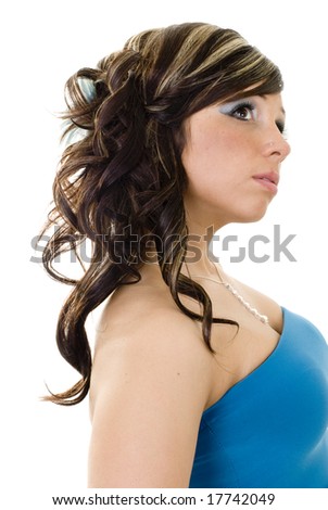 stock photo : Brunette with long hair and blonde highlights standing in