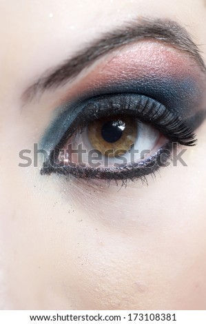 A closeup on a hazel eye of a female in a studio.