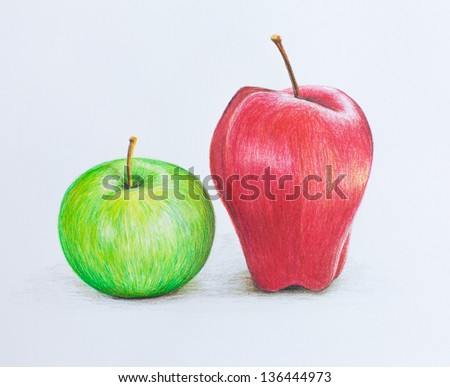 Two apples - green and red drawing by colored pencils on white background.