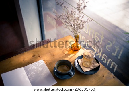 coffee on a table showing break or breakfast in coffee shop or office,late art