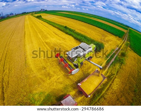 Aerial view of combine on harvest field in Serbia loading trailer with wheat. Wide angle shot.