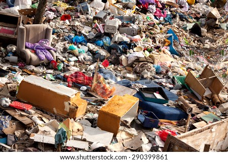 Junkyard of domestic garbage in landfill