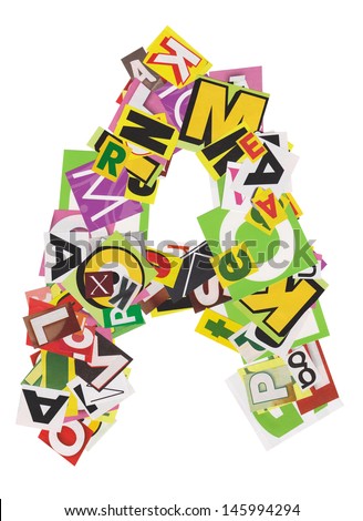 Colorful letter made of newspaper clippings, isolated on white background