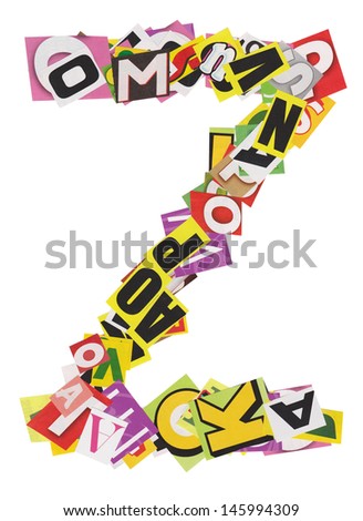 Colorful letter made of newspaper clippings, isolated on white background