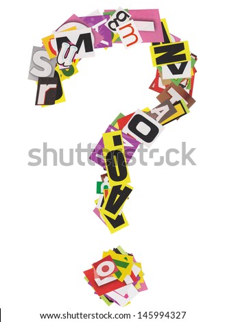 Colorful query made of newspaper clippings, isolated on white background