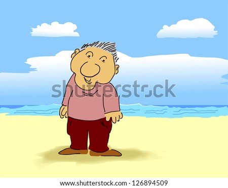 old guy alone on a sandy, sunny beach