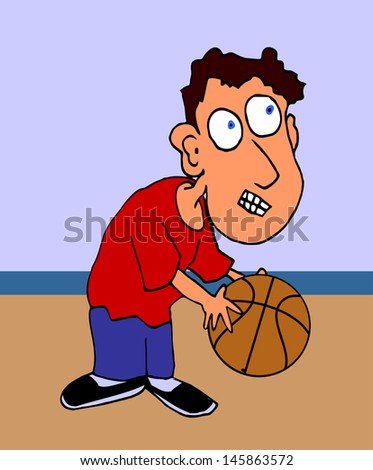 Cartoon Boy in Red Shirt Preparing to Make a Shot with a Basketball