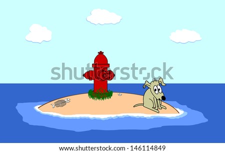 Small Dog Castaway on a Desert Island with a Fire Hydrant