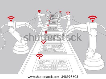 robot arms and conveyor belt, Factory automation, Industry 4.0, Internet of Things, line drawing illustration
