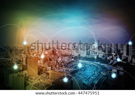 modern cityscape and wireless sensor network, sensor node and connecting line, ICT(information communication technology), internet of things, abstract image visual