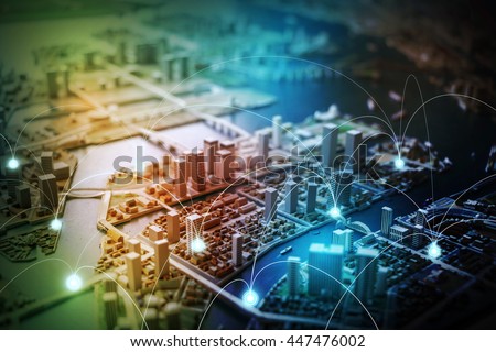 modern city diorama and wireless sensor network, sensor node and connecting line, information communication technology, internet of things, abstract image visual