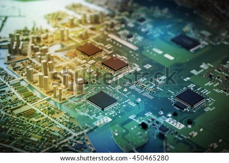 modern city diorama and electric circuit board, abstract image visual