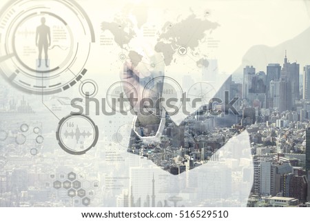 double exposure of a business person and smart city, futuristic GUI(Graphical User Interface), IoT(Internet of Things), technological abstract