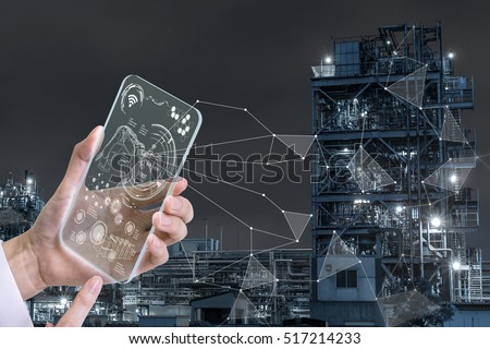 futuristic transparent smart device and modern factory, industry4.0, Internet of Things, technological abstract