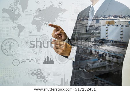 double exposure of a business person and industrial HUD interface, futuristic GUI(Graphical User Interface), IoT(Internet of Things), technological abstract