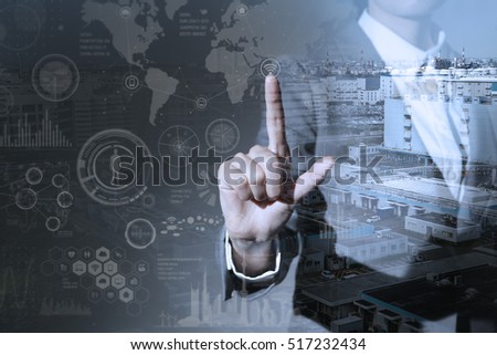 double exposure of a business person and industrial HUD interface, technological abstract