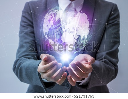 world technological stereoscopic vision on a business person\'s hand