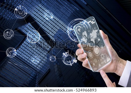 transparent futuristic smart phone and smart city, technological abstract