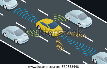 autonomous car driving on road and sensing systems, driverless car, self-driving vehicle