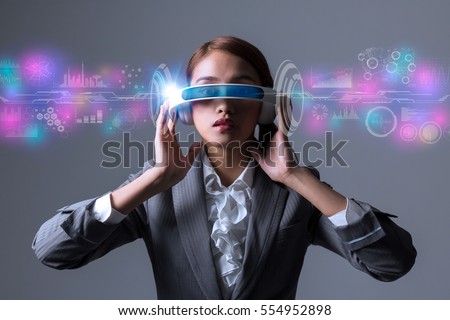 woman wearing smart glasses and various information visions