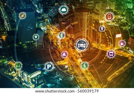 Smart transportation technology concept, smart city, Internet of things, vehicle to vehicle, vehicle to infrastructure, vehicle to pedestrian, abstract image visual