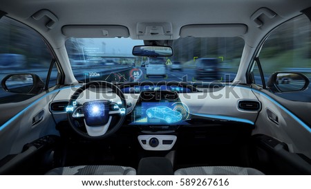 empty cockpit of vehicle, HUD(Head Up Display) and digital speedometer, autonomous car