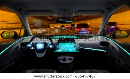 empty cockpit of vehicle night view, HUD(Head Up Display) and digital speedometer, autonomous car