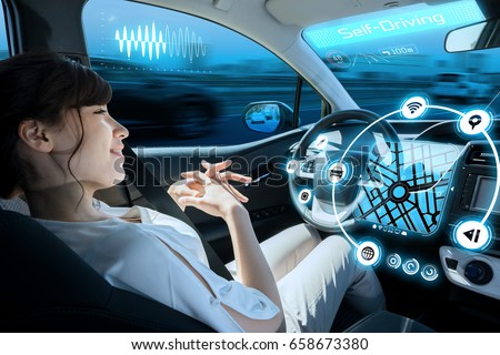 relaxed woman in autonomous car. self driving vehicle. autopilot. automotive technology.
