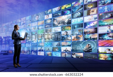 young woman using laptop PC and various pictures. internet streaming service concept.