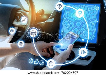 wireless communication between smart phone and car instrument panel. autonomous car.