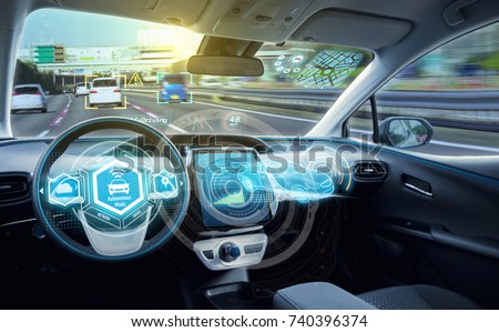 Empty cockpit of autonomous car, HUD(Head Up Display) and digital speedometer. self-driving vehicle.
