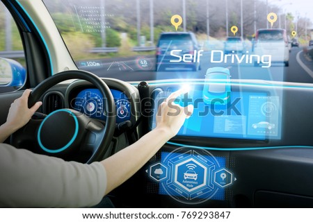 Cockpit of autonomous car. Driverless car. Self-driving vehicle. Head up display.