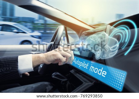 Cockpit of autonomous car. Driverless car. Self-driving vehicle. Head up display.