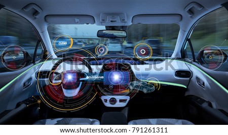 Futuristic car cockpit. Autonomous car. Driverless vehicle. HUD(Head up display). GUI(Graphical User Interface). IoT(Internet of Things).