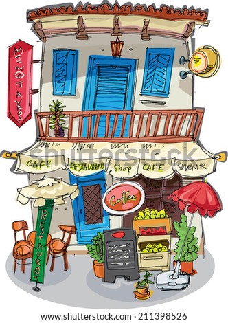 traditional mediterranean building with shop restaurant and apartments cartoon traditional mediterranean building with shop restaurant and apartments cartoon