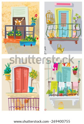 set of cute balconies cartoon vector set of cute balconies cartoon vector