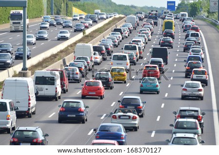 Traffic Jam On German Highway. Current Discussion About Toll Collect For Foreign Cars Due To The Claim Of Bavarias Prime Minister Horst Seehofer