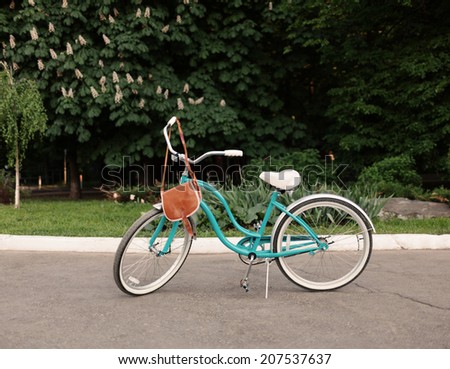 Beautiful vintage green bicycle stands and it hangs brown vintage bag