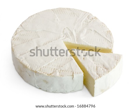 Round soft cheese, with a section cut.