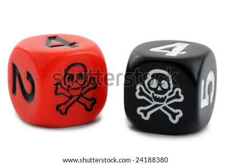 Two dice with a pirate skull, isolated on a white background.