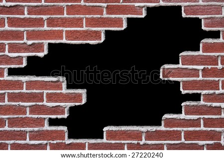 Opening in a brick wall, over black background.