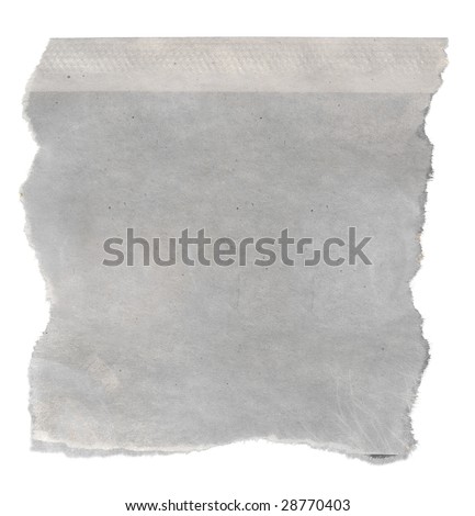 stock photo : Macro of a blank torn newspaper clipping, isolated on white 