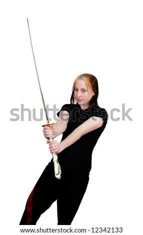 attractive beautiful young woman mma student with a sword drawn ready to fight in combat over white