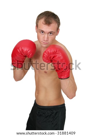 one fit man boxing with red gloves half length portrait over white