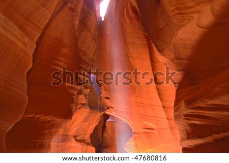 famous Antelope Canyon in Page Arizona with smooth orange walls and a perfect beam of light