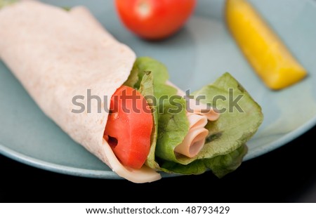 one sliced turkey wrap on a blue plate with pickles and tomatoes