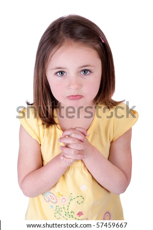 stock photo one young girl child begging looking up at viewer and hoping 